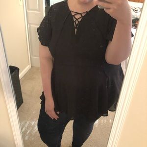 Black Peplum Lace Up Top PLUS